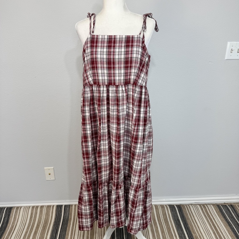 Anthropologie Dress Women's Large Red Plaid Cotton Maxi Tie Strap Boho Sundress